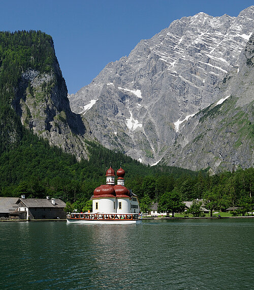 St. Bartholomä on Königssee with the electric motorboat