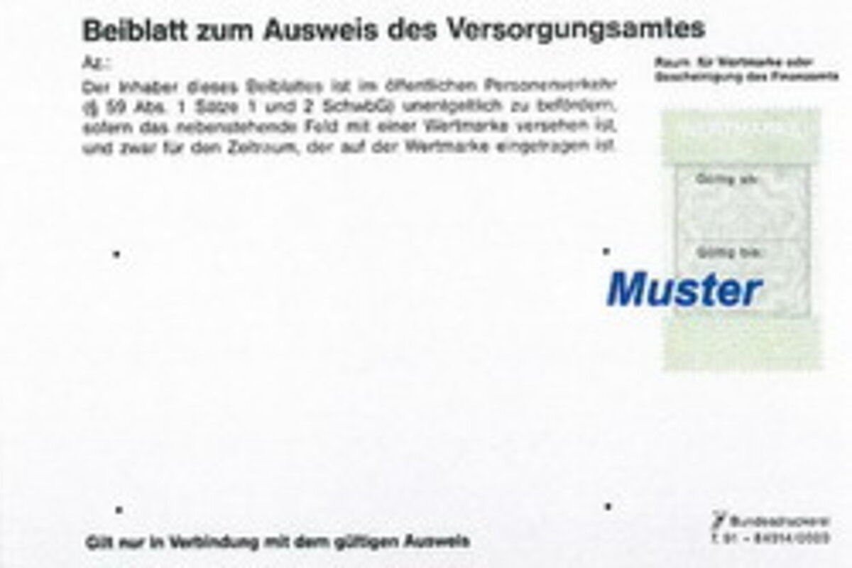 Muster Beiblatt für Wertmarke Schwerbehinderten-Ausweis
