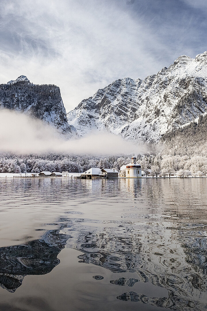 St. Bartholomä in winter at lake Königssee