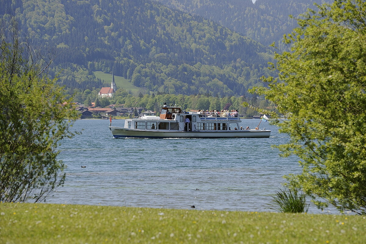MS KREUTH zwischen zwei Laubbäumen.