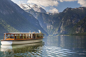 View of the electric motorboat with echo horn on Lake Königssee