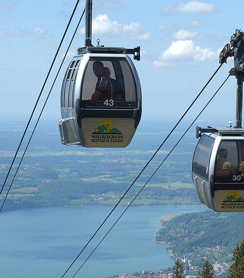 Gondeln der Wallbergbahn mit Blick auf den Tegernsee